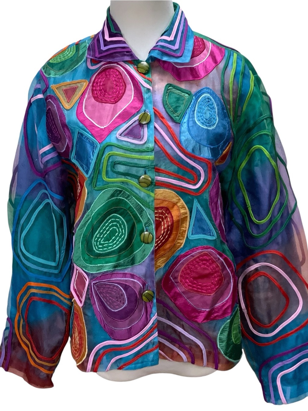 Vintage ANAGE Silk Jacket Wearable Art Abstract Appliqué Colorful Lined Size S